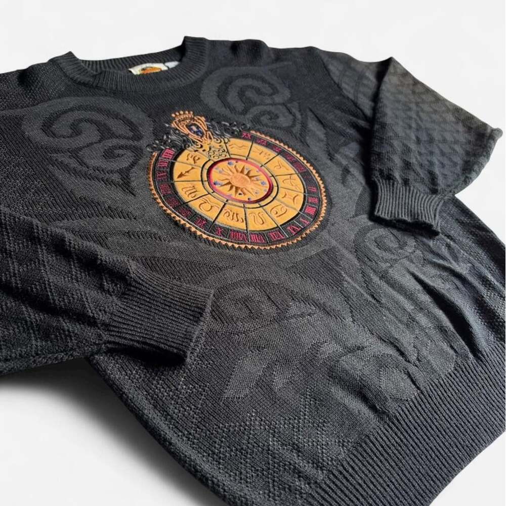 Vintage Astrology Knit Sweater Medium Embroidered Zodiac Jacquard Baggy Gothic